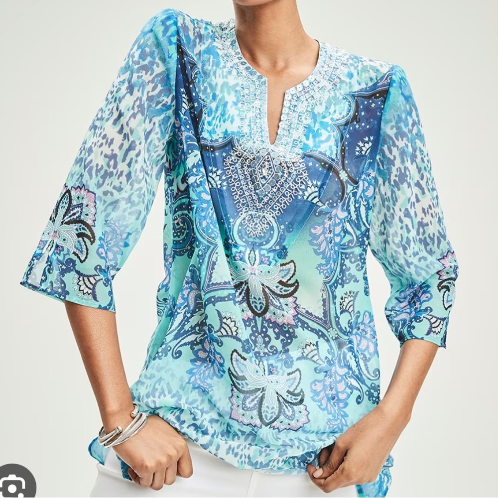 Chicos Womens 3 Embellished Pullover Tunic Coastal Mix Blue Blouse Top Turquoise